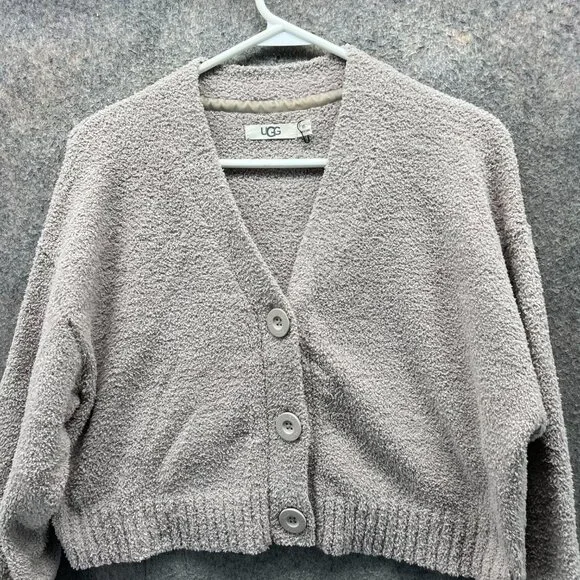 UGG Cardigan Womens XS Beige Button Front Fuzzy Cropped Sweater Polyester Cozy - Picture 4 of 11